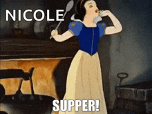 a cartoon of snow white holding a spoon and saying `` nicole supper ! ''