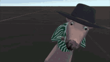 a pig wearing a cowboy hat and a green and white striped shirt has a beard