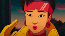 a close up of a cartoon character with a red headband and earrings