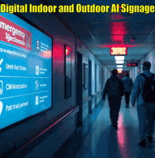 people walking down a hallway with digital indoor and outdoor al signage