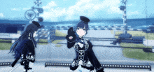 two anime girls are standing in front of a train track