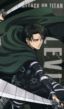 a poster for attack on titan shows a man with a sword