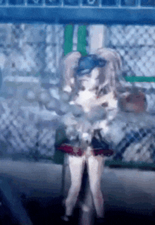 a drawing of a girl standing in front of a fence