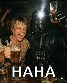 a man in a darth vader costume holds a beer mug next to a man in a star wars costume