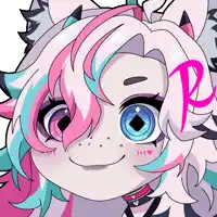 a drawing of a girl with pink and blue hair and a pink letter p
