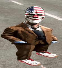a clown wearing an american flag mask is wearing a suit and tie