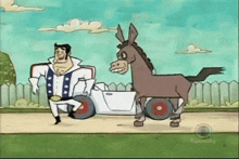a cartoon of a man riding a donkey next to a car