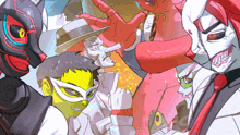 a group of cartoon characters are posing for a picture and one of them is wearing a mask