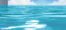 a computer generated image of the ocean with a building in the distance