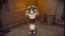 a talking tom cat is standing in front of a brick wall and trash cans