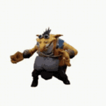 a cartoon character is standing on a white background and looking at the camera .
