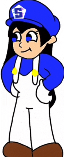 a cartoon character wearing a blue hat and white overalls is standing with her hands on her hips .