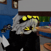 a cartoon character with yellow eyes is sitting at a table with a plate of pizza