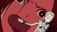 a cartoon character with a red face and a man with a yellow hair