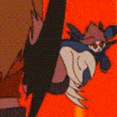 a close up of a cartoon character holding another cartoon character on a orange background .