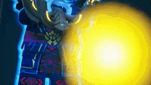 a cartoon character with horns is standing in front of a bright yellow light