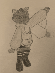 a drawing of a cat wearing a hoodie that says uwu on it