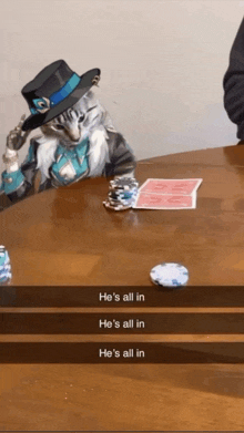 a cat in a top hat sits at a table with playing cards