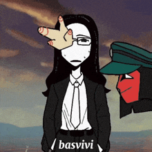 a woman in a suit and tie is standing next to a man in a green hat and the word basvivi on the bottom