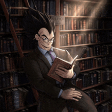 a man in a suit is reading a book in a library with a sign that says silence