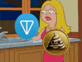 a cartoon of a woman holding a coin with a poop face