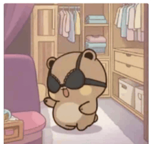 a cartoon of a bear wearing a bra and sunglasses in a closet .