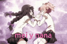 two anime girls are hugging each other and the words mei y nana are on the bottom