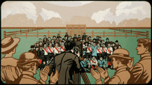 a cartoon of a man taking a picture of a group of people