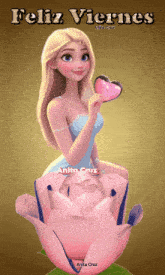 a cartoon girl is sitting on a pink flower holding a heart and the words feliz viernes