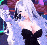 a woman with white hair is holding a purple container
