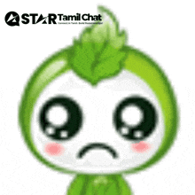 a green and white cartoon character with a sad look on its face