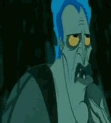 a cartoon character with blue hair and yellow eyes is looking at the camera .