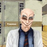 a computer generated image of a bald man with a sign that says freeman on it