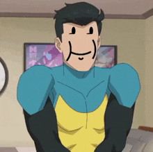 a man in a blue and yellow superhero costume with a smiley face on his face