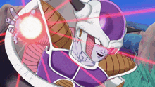 a cartoon character in a purple and white outfit is surrounded by pink lasers