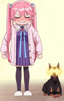 a girl with pink hair is standing next to a black dog with a star on its head