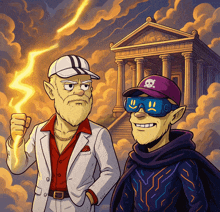 a cartoon of a man holding a lightning bolt standing next to another man