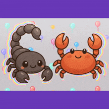 a scorpion and a crab are surrounded by balloons on a purple background