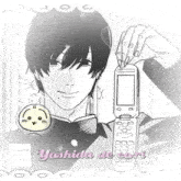 a black and white drawing of a young man holding a flip phone .