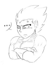 a black and white drawing of a person with their arms crossed and a red angry face .