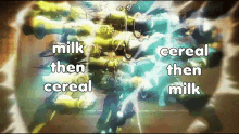 a cartoon of a robot with the words milk then cereal