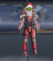 a soldier with a santa hat and beard is standing on a pole