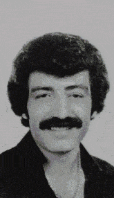 a man with a mustache and curly hair is smiling