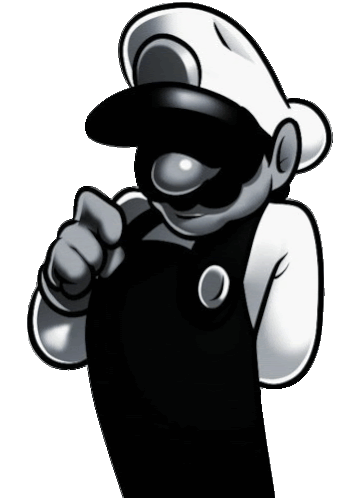 a black and white drawing of mario pointing his finger