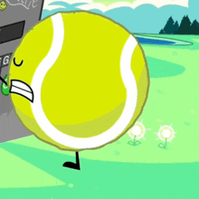 a tennis ball with arms and legs is standing in front of a go button