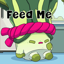 a cartoon character with a pink scarf around its neck that says feed me