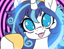 a cartoon of a unicorn with hypnotic eyes and swirls in her hair