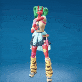 a cartoon character with green hair and pink gloves is standing on a blue background