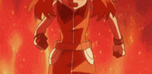 a close up of a cartoon character with red hair standing in front of a fire .