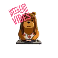 a sticker of a teddy bear playing a record and the words weekend vibes above it